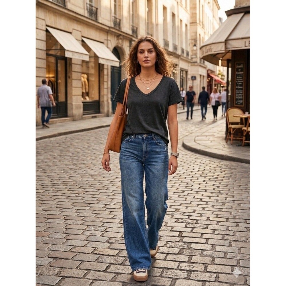 EILEEN FISHER Black 100% Organic Cotton Luxury Minimalist V-Neck T-Shirt Women S